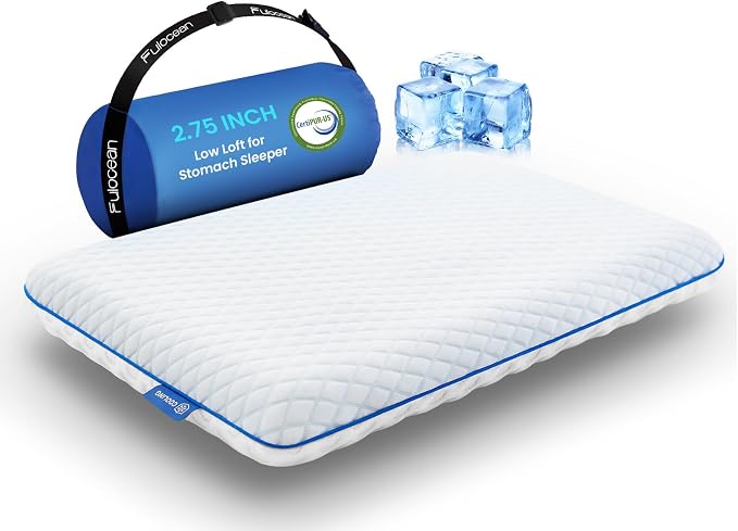 Ultra Slim Cooling Pillow for Stomach and Back Sleepers 2.75 Inch, Support Gel by Fulocean