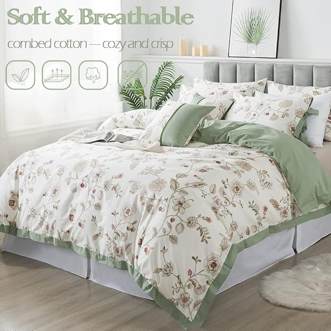 FADFAY Floral Bedding Set King/Cal King 100% Cotton Shabby and Chic Beige Green - Image 7