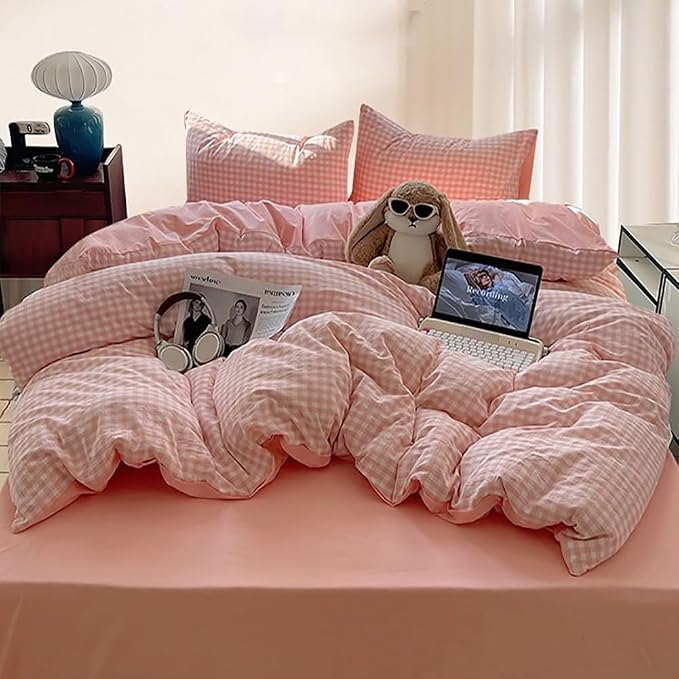 Nayoroom Gingham Duvet Cover King Size Reversible Pink Plaid Checkered Duvet - Image 5