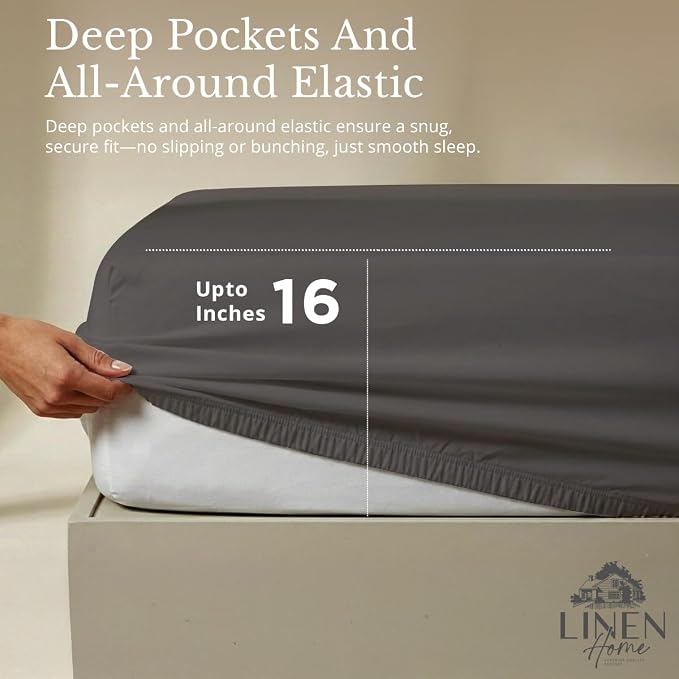 Linen Home 100% Cotton Percale Sheets Full Size, Smoky Charcoal, Deep Pocket - Image 4