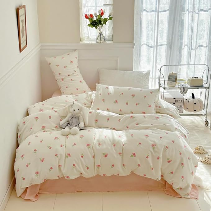 Nayoroom Pink Floral Duvet Cover Twin Size Cute Tulip Printed on White - Image 7