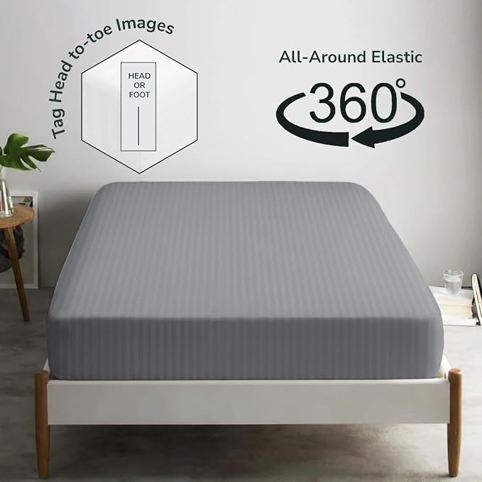 Feather & Stitch 1 Piece Fitted Sheet King Size, 100% Cotton Damask Sateen Weave - Image 4