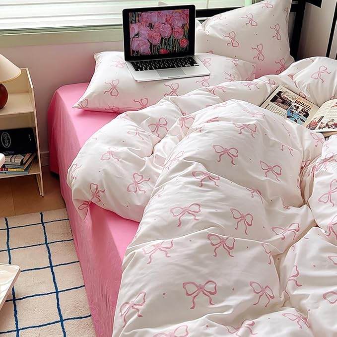 Nayoroom Pink Bow Duvet Cover Full Size Polka Dot Bowknot Coquette Duvet Cover - Image 4
