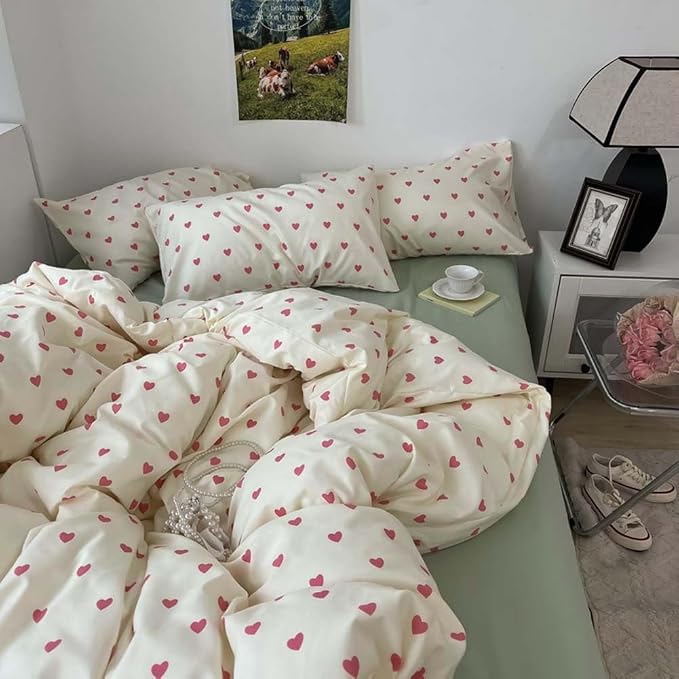 Nayoroom Heart Duvet Cover Full Size Kawaii Pink Heart Printed on Cream White - Image 5