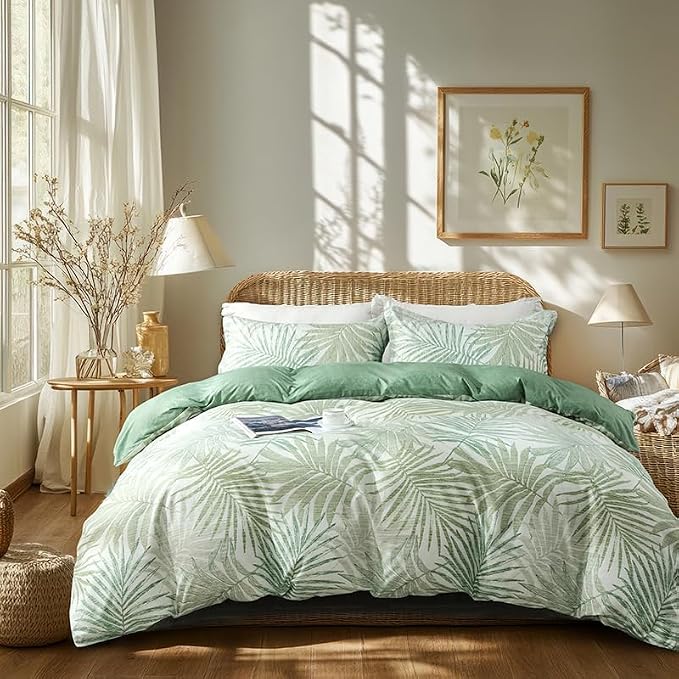 OAITE Duvet Cover Queen Size, Reversible Leaf Green Duvet Cover Set by OAITE