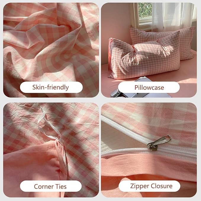 Nayoroom Gingham Duvet Cover Queen Size Reversible Pink Plaid Checkered Duvet - Image 6