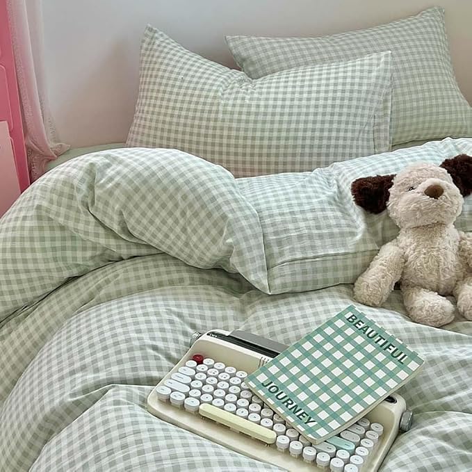 Nayoroom Green Gingham Duvet Cover Queen Size Plaid Dorm Bedding Set 3 Pieces - Image 6