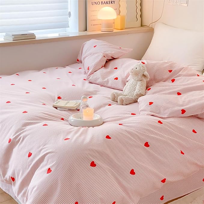 Nayoroom Heart Duvet Cover Queen Size Cute Pink Striped Printed Bedding Set - Image 2