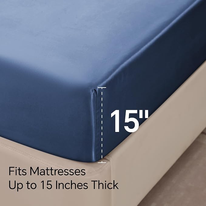 BEDELITE Satin Sheets Twin Size Bed Set, Luxury Soft Navy Silky Sheets - Image 6
