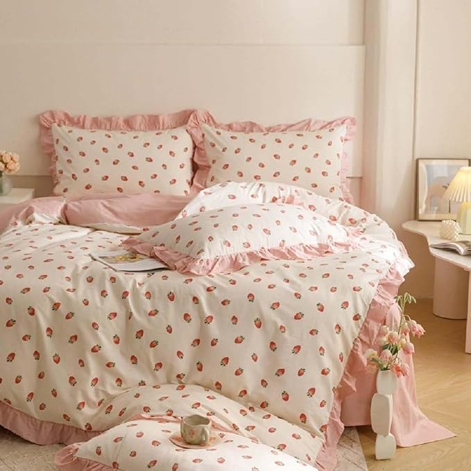 Nayoroom Ruffle Duvet Cover Full Size Pink Strawberry Printed on White Ruffled by Nayoroom