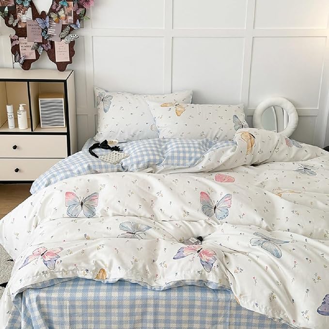 Nayoroom Butterfly Duvet Cover Queen Size Reversible Blue White Gingham Bedding - Image 3