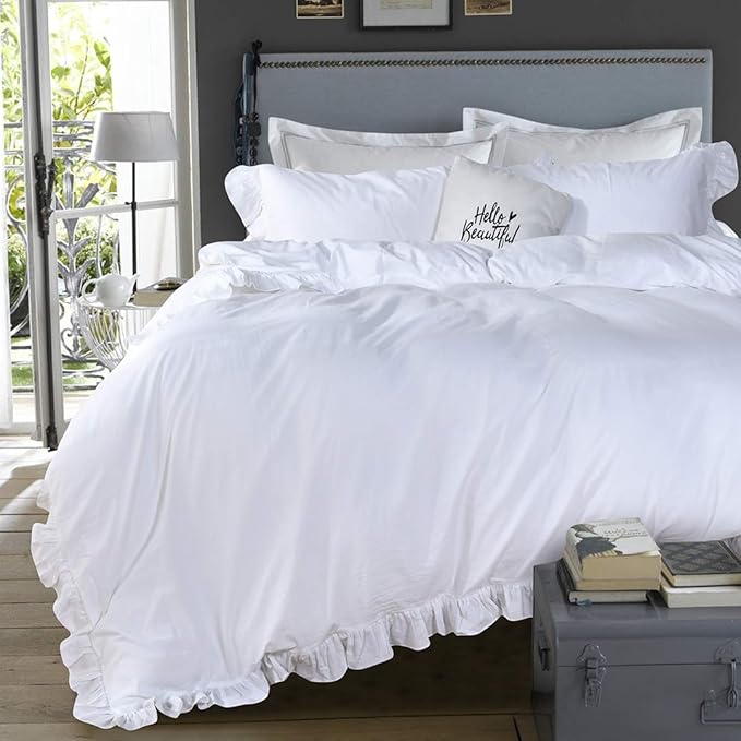 QSH White Ruffle California King Duvet Cover, Washed Cotton Farmhouse Shabby by QSH