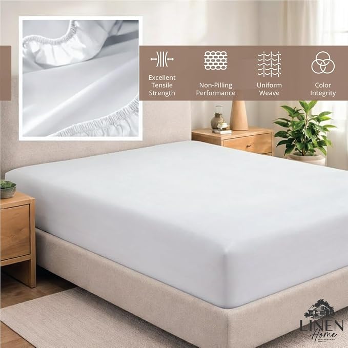 Linen Home 100% Cotton Percale Weave Fitted Sheet, Twin Size, Snow White - Image 4