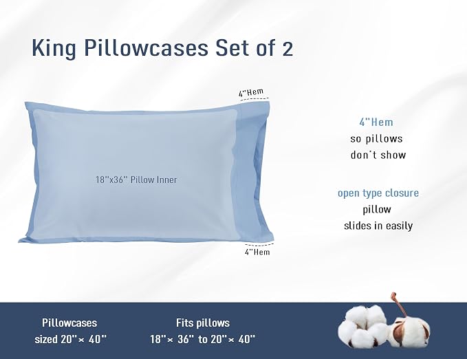 Pillow Cases, King Size Cotton Percale Weave Pillowcases, Pre-Shrunk Breathable - Image 3
