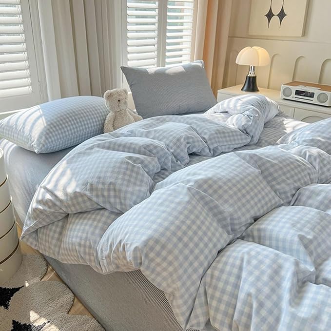 Nayoroom Gingham Duvet Cover Full Size Blue White Plaid Checkered Comforter by Nayoroom