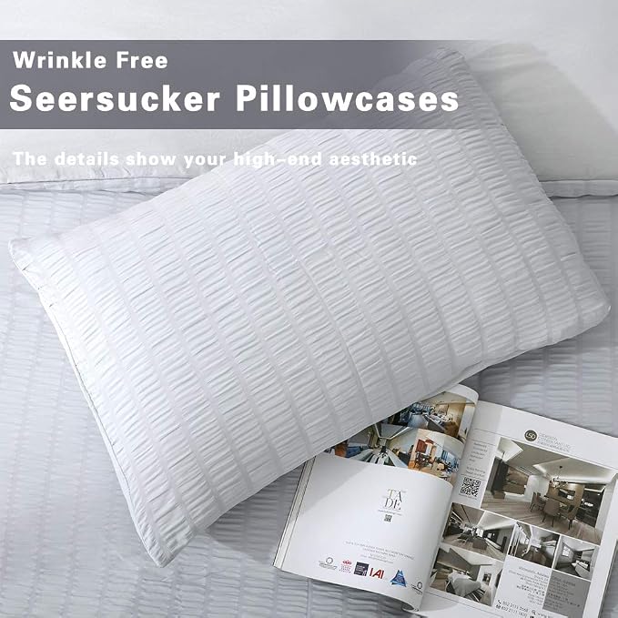 AveLom Seersucker Duvet Cover Set Queen Size, 3 Pieces, Light Gray Ultra Soft - Image 5
