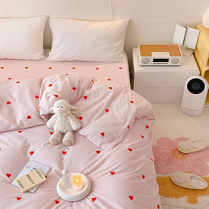 Nayoroom Heart Duvet Cover Queen Size Cute Pink Striped Printed Bedding Set - Image 3