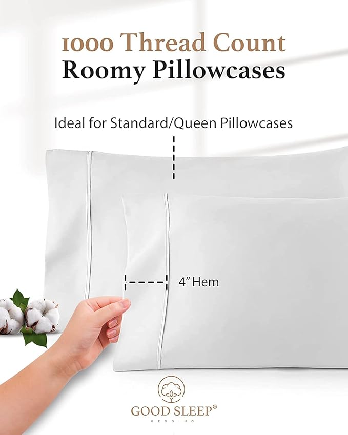 1000 TC White Standard Pillowcases Set of 2 100% Egyptian Cotton Pillow Cases - Image 3