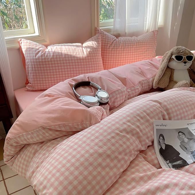 Nayoroom Gingham Duvet Cover King Size Reversible Pink Plaid Checkered Duvet - Image 2
