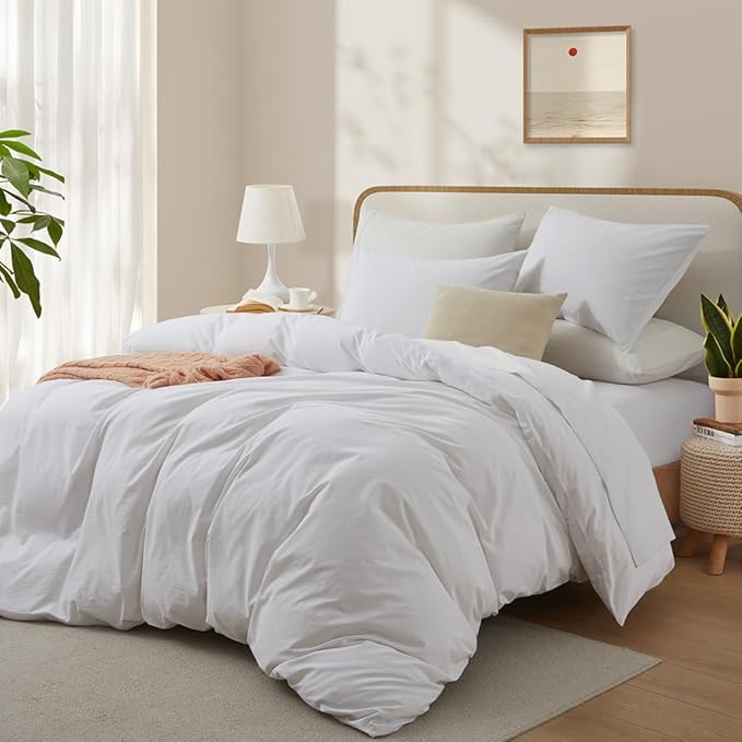 LOVQUE 100% Washed Cotton Duvet Cover King Size, Linen-Like Textured White - Image 2