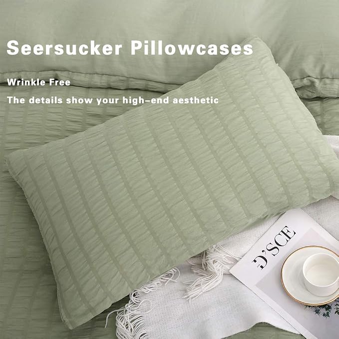 AveLom Green Duvet Cover King, 3 Pieces, Seersucker Tripe Soft Washed - Image 5