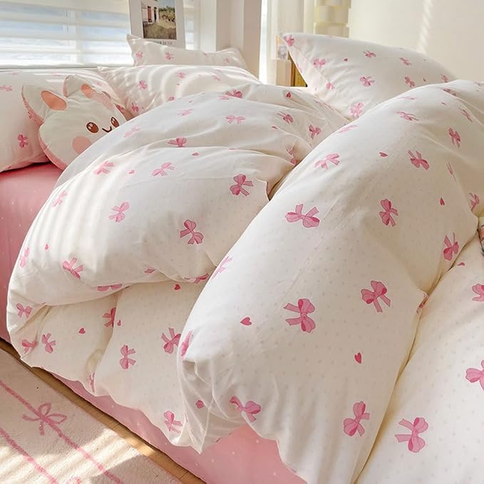 Nayoroom Pink Bow Duvet Cover Full Size Heart Bows Printed Coquette Bedding Set - Image 7