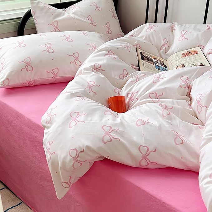 Nayoroom Pink Bow Duvet Cover Queen Size Polka Dot Bowknot Coquette Duvet Cover - Image 5