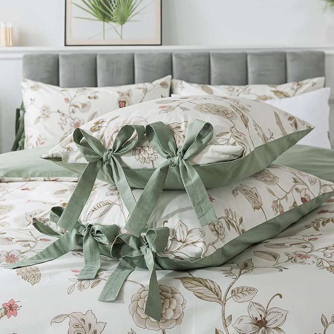 FADFAY Floral Bedding Set Twin 100% Cotton Shabby and Chic Beige Green - Image 9