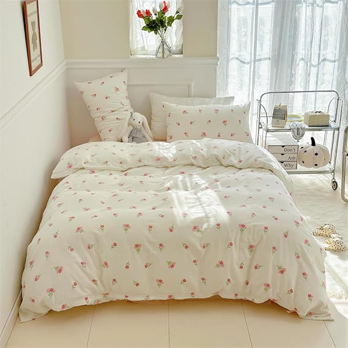 Nayoroom Pink Floral Duvet Cover Twin Size Cute Tulip Printed on White - Image 3