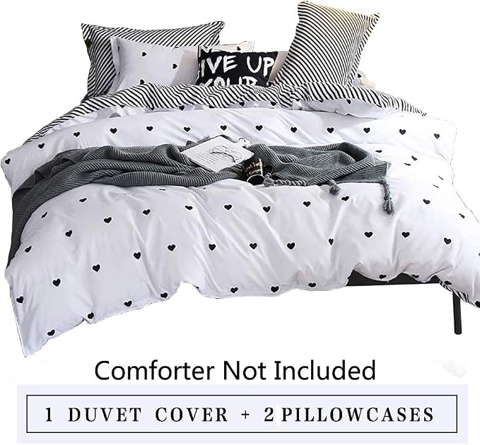 Omelas Kids Heart Love Queen Duvet Cover Set Black and White Teens Girls Lovely - Image 7