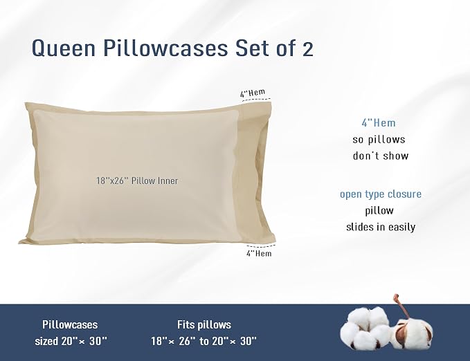 Pillow Cases, Standard Queen Size Cotton Percale Weave Pillowcases, Pre-Shrunk - Image 3