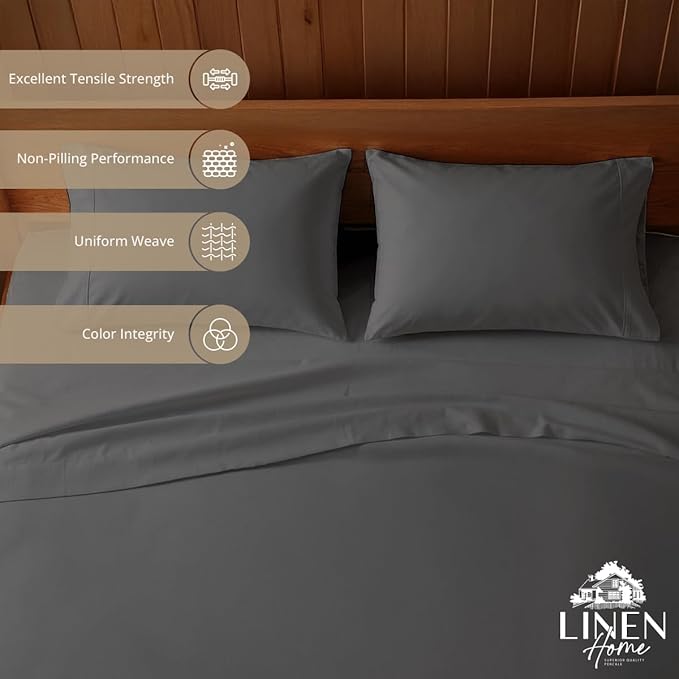 Linen Home 100% Cotton Percale Sheets Full Size, Smoky Charcoal, Deep Pocket - Image 2