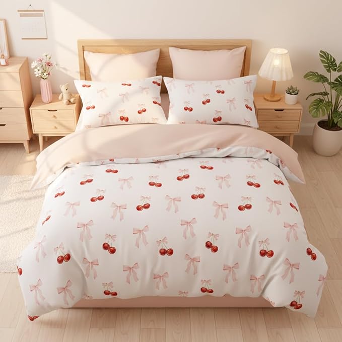 Nayoroom Pink Bow Duvet Cover Queen Size Reversible Red Cherry Duvet Cover 3 - Image 2