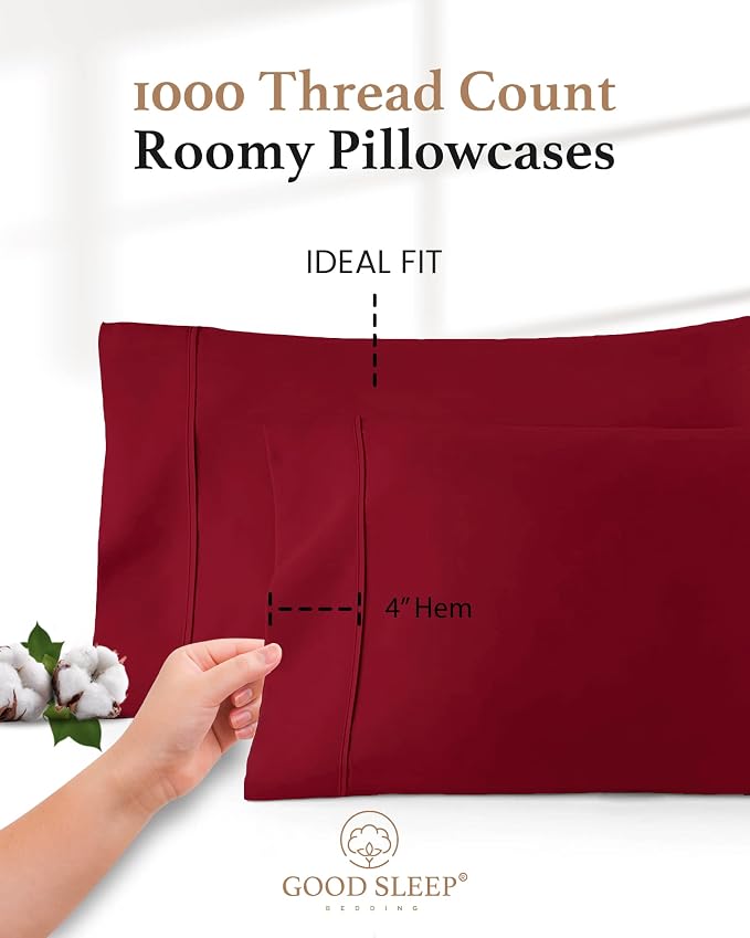 1000 TC Burgundy King Pillowcases Set of 2 100% Egyptian Cotton Pillow Cases - Image 3