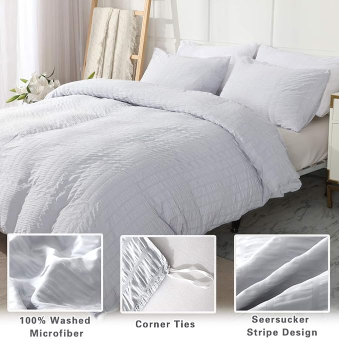 AveLom Light Gray Duvet Cover Cal King, 3 Pieces, Seersucker Striped Soft - Image 2