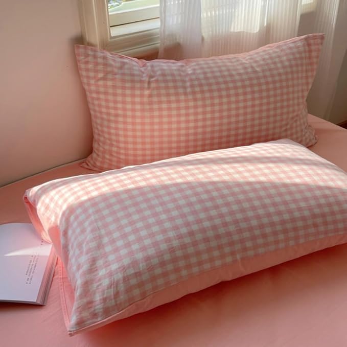 Nayoroom Pink Gingham Duvet Cover King Size Reversible Plaid Checkered Duvet - Image 7