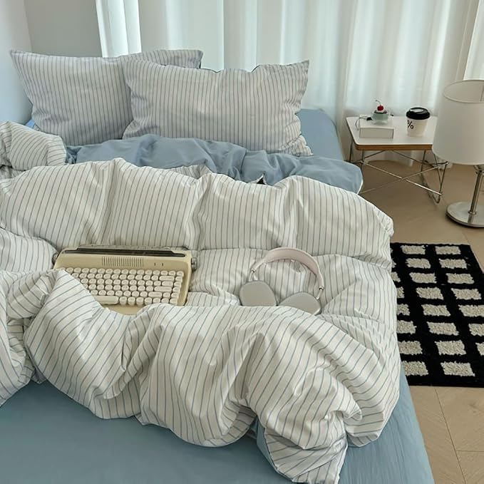 Nayoroom Blue Striped Duvet Cover Queen Size 100% Washed Cotton Duvet Cover - Image 2