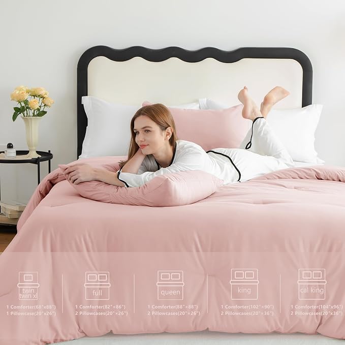 CozyLux Queen Comforter Set Blush Pink, 3 Pieces Solid Comforters Queen Size - Image 6