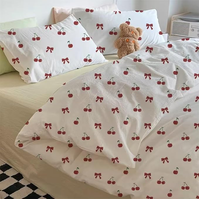 Nayoroom Red Cherry Duvet Cover Queen Size Cute Bow Duvet Cover 3 Pieces Soft by Nayoroom