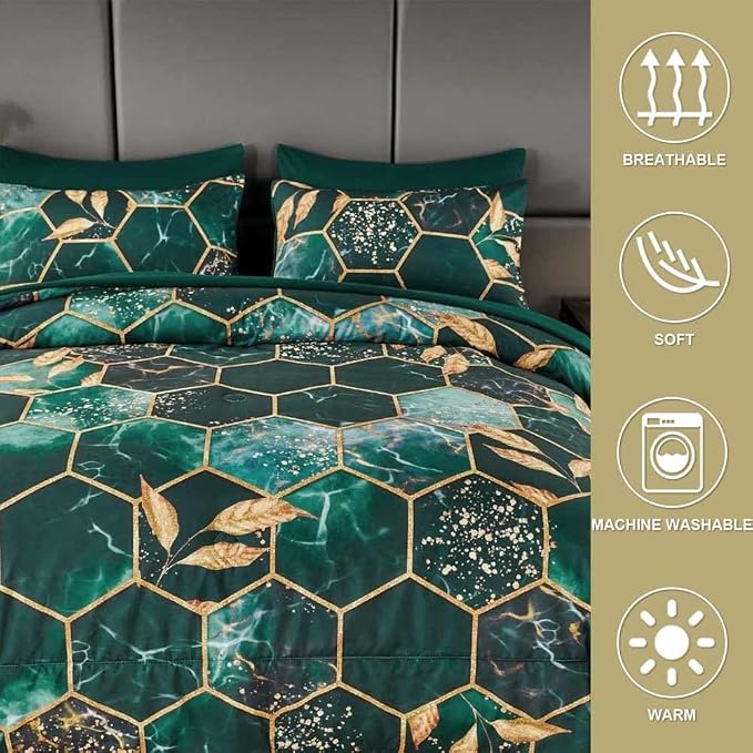Nanko Emerald Dark Green Gold Printed Queen Size Comforter Set 3 Pcs - Image 3