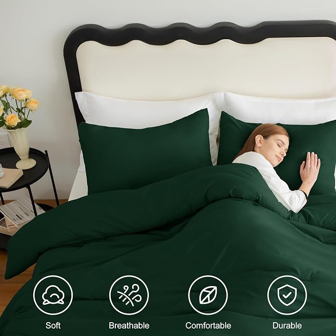 CozyLux Full Size Comforter Set Emerald Green, 3 Pieces Solid Breathable - Image 4