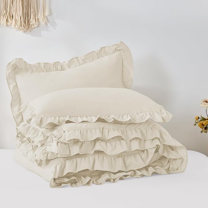 FUANNA Full Size Comforter Sets Cream White, 3 Pieces Ruffle Full Size Bedding - Image 9