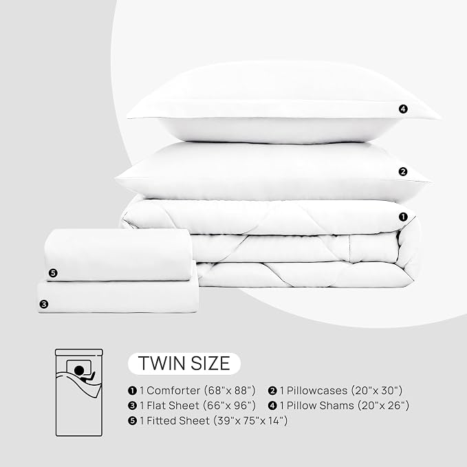 Love's cabin Twin Comforter Set White, 5 Pieces Twin Bed in a Bag, All Season - Image 7