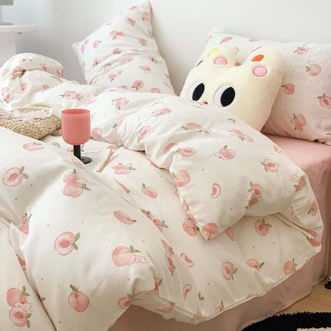 Nayoroom Pink Peach Duvet Cover Queen Size Kawaii Fruit Peaches Rabbit Printed - Image 3