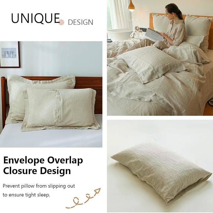 Simple&Opulence 100% Washed Linen Duvet Cover Set 5pcs Basic Style Natural - Image 5