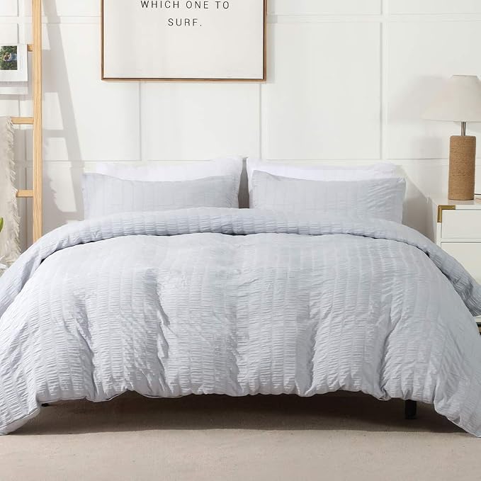 AveLom Light Gray Duvet Cover Cal King, 3 Pieces, Seersucker Striped Soft by AveLom