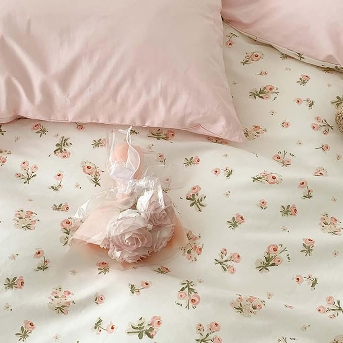 Nayoroom Pink Floral Duvet Cover Queen Size Reversible Green Botanical Leaf - Image 6