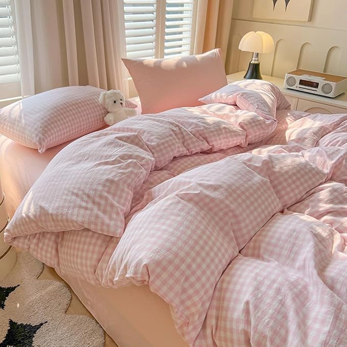 Nayoroom Gingham Duvet Cover Queen Size Pink White Plaid Checkered Comforter - Image 2