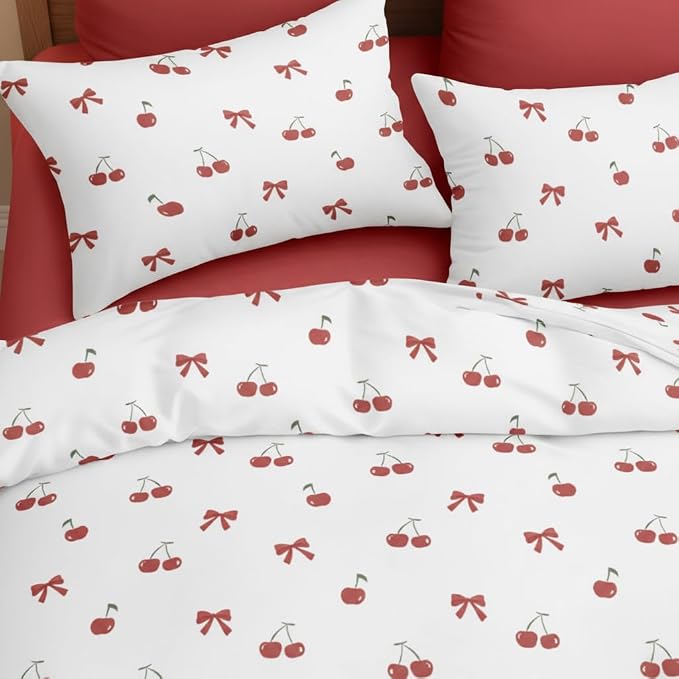 Nayoroom Red Cherry Duvet Cover Queen Size Cute Bow Duvet Cover 3 Pieces Soft - Image 5