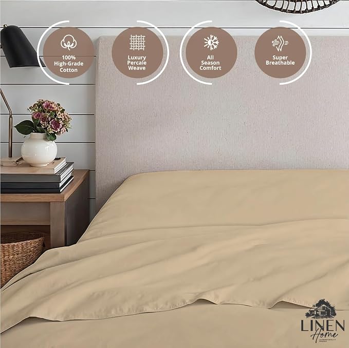 Linen Home 100% Cotton Percale Weave Fitted Sheet, Queen Size, Light Taupe - Image 3